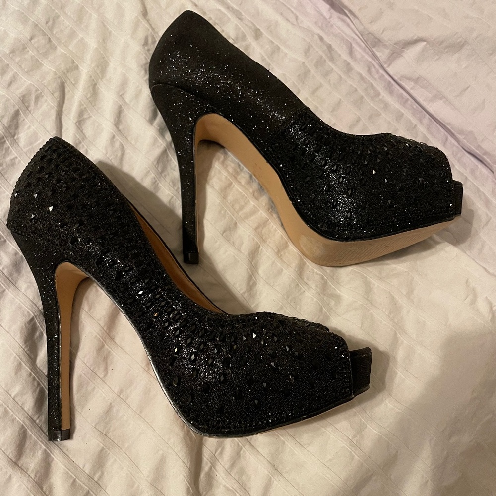 Cathy Jean Black Glitter Platform Heels Women’s 7.5